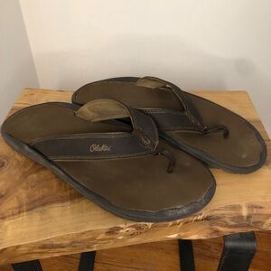 Olukai Men's Ohana Flip Flops size 14 10110-4827 Brown Leather Cushioned Beach